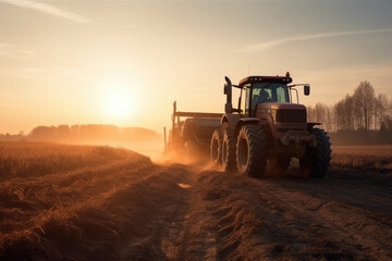 Generative AI illustration of agricultural tractor in grassy field against bright sundown sky in countryside