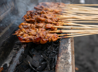 Sate Ayam or Chicken Satay, a traditional satay from Yogyakarta, Indonesia, in shallow focus