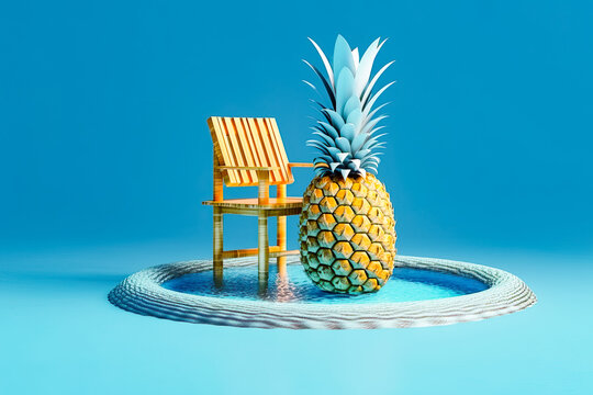 Generative AI illustration of exotic pineapple and wooden chair placed in swimming pool against blue background