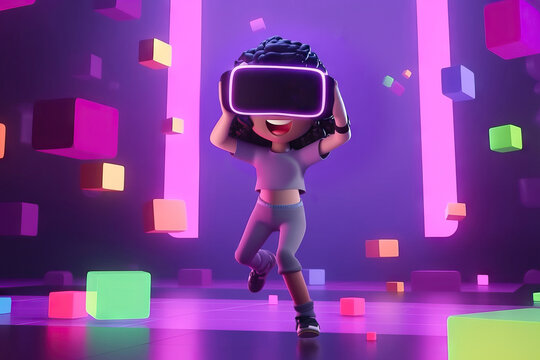 AI generated illustration of excited African American cartoon young girl in VR goggles with opened mouth on purple background with colorful shapes