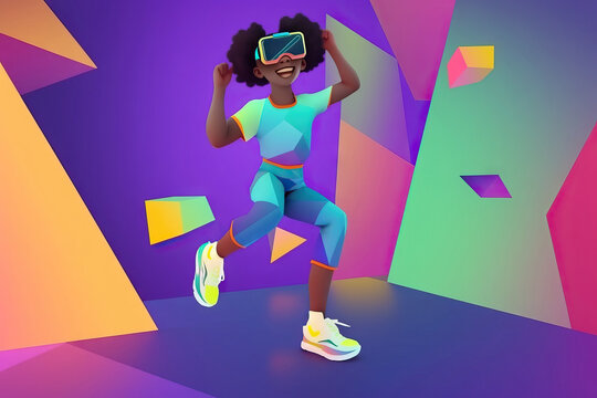 AI generated illustration of cartoon black girl in VR headset dancing with opened mouth happily while having fun against purple and green backdrop with colorful figures