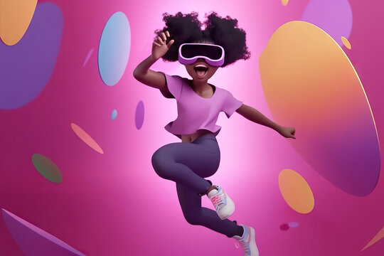 AI generated illustration of cartoon black girl in VR headset jumping with opened mouth happily while having fun against pink backdrop with colorful ovals