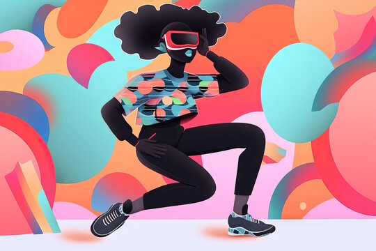 Generative AI illustration of painted African American stylish female in VR glasses and sneakers dancing on abstract multicolored background