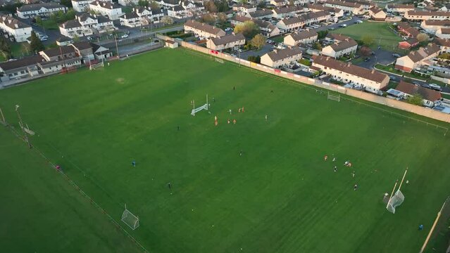 Arial. A game of hurling in a stadium with players in Ireland 4k