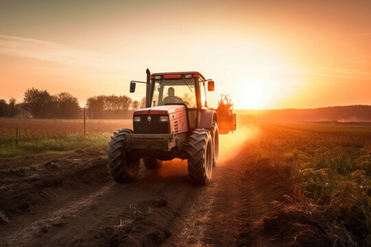 Generative AI illustration of unrecognizable farmer agriculture tractor in grassy field against bright sundown sky in countryside