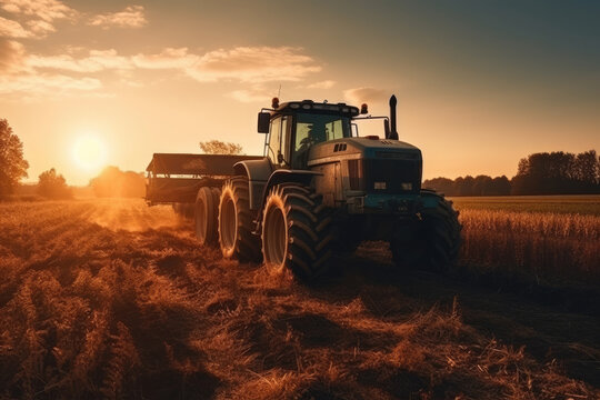 Generative AI illustration of agricultural tractor in grassy field against bright sundown sky in countryside