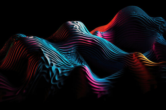 Generative AI illustration of abstract multicolored wavy ornament with shiny gradient colorful lines forming black background