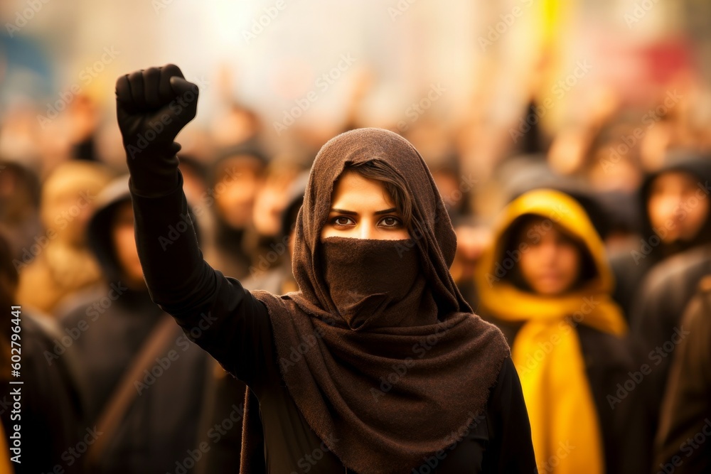 Wall mural arab woman protesting at a social rally. ai generated, human enhanced