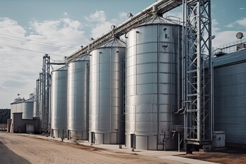 Fototapeta na wymiar silver silos of granary elevator on agro-process, generative ai