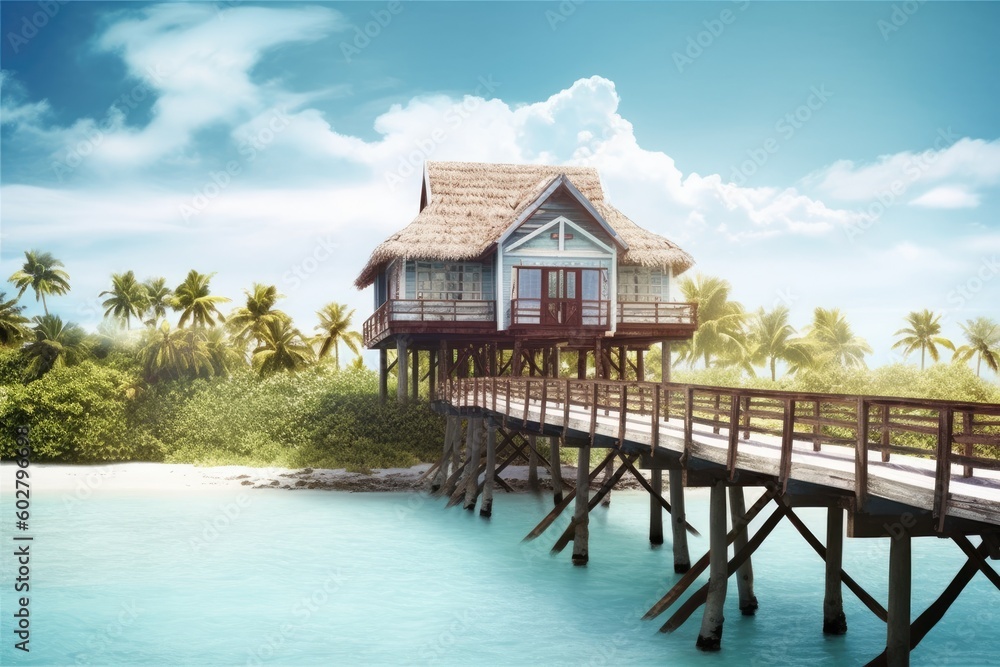 Sticker house on a wooden pier surrounded by water Generative AI