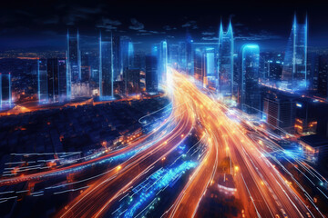 Fototapeta na wymiar smart digital city with hihg speed ligth trail, night, generative ai