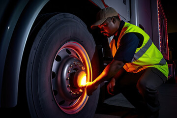 a worker working on a truck tire at night. Generative Ai - obrazy, fototapety, plakaty