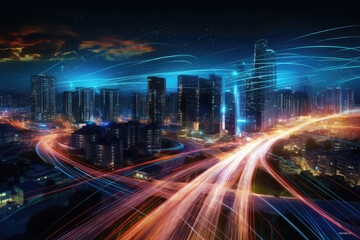 Fototapeta na wymiar smart digital city with hihg speed ligth trail, night, generative ai