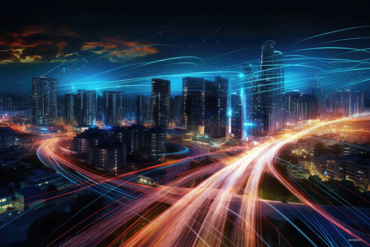 smart digital city with hihg speed ligth trail, night, generative ai