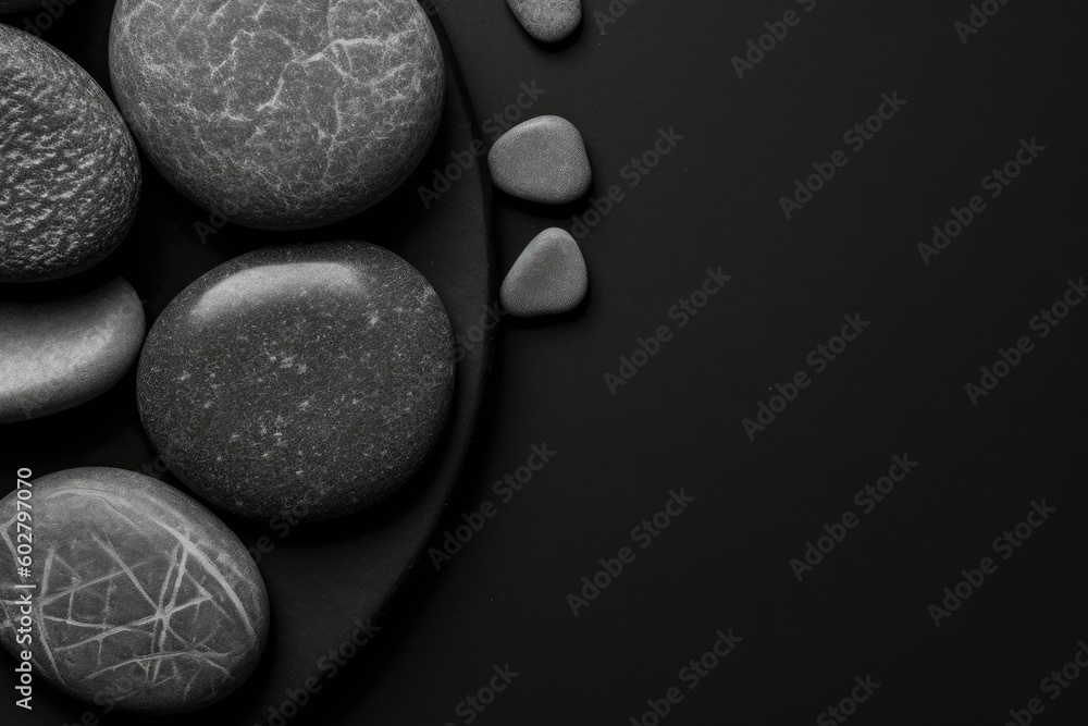 Poster black and white rocks and pebbles on a textured surface generative ai