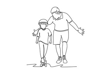 Fototapeta na wymiar Single one line drawing son learns to ride a skateboard with his father. Class it up concept. Continuous line draw design graphic vector illustration.