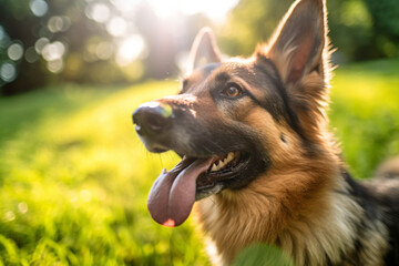 A portrait of a German Shepherd Dog, tongue out, looking cute and adorable