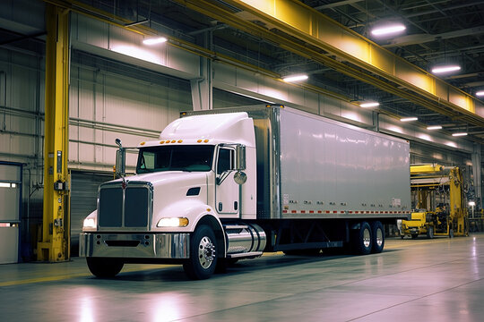 a white semi truck parked in a warehouse. Generative Ai