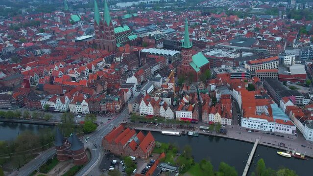 Aerial around the city Lübeck in Germany on a sunny spring day
