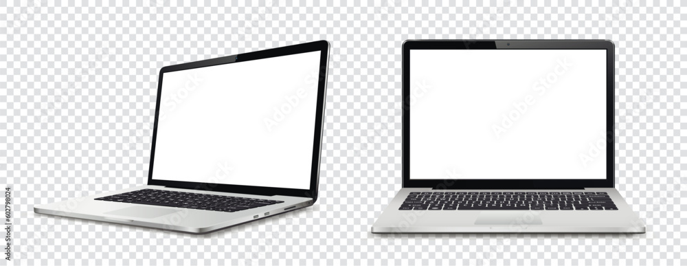 Poster laptop computer with white screen on transparent background