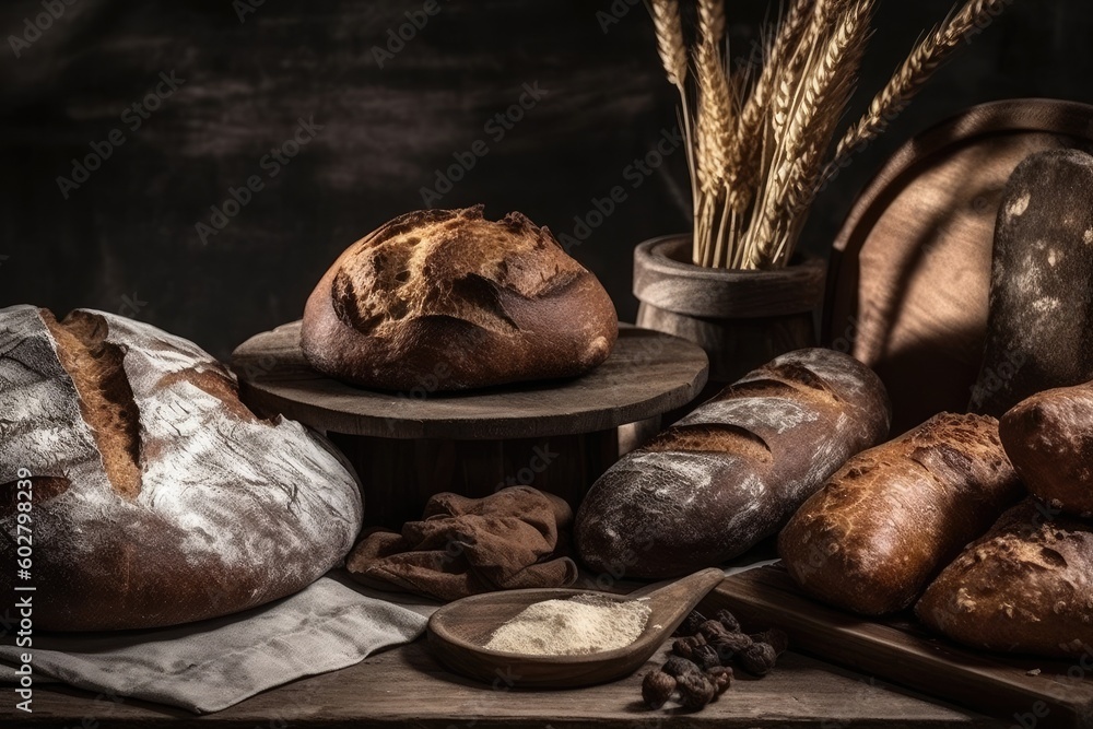 Canvas Prints Wooden Table with Freshly Baked Loaves of Bread on To Generative AI