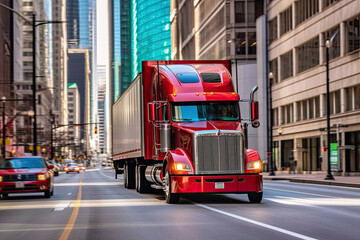 a red semi truck driving down a city street. Generative Ai