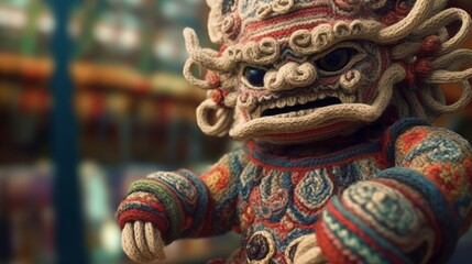 Fototapeta premium Crocheted , a statue of a dragon with a chinese character, generative AI