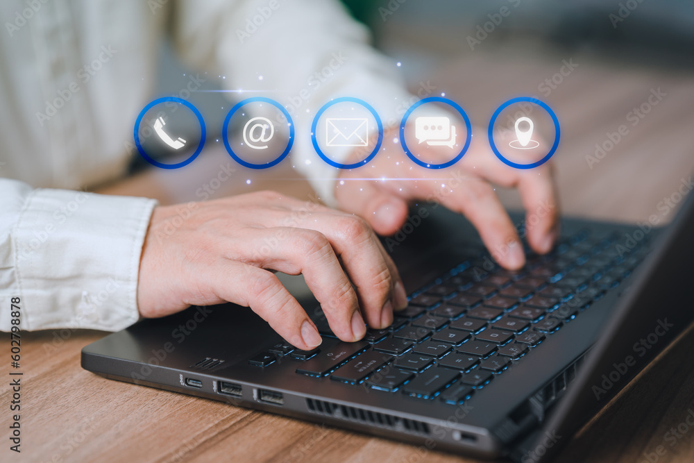 Poster customer using a laptop with virtual screen for apps the call phone, email, address, chat message an
