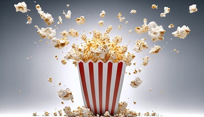 Flying popcorn from paper striped bucket isolated on white background, concept of watching TV or cinema in 3d illustration by ai generative - obrazy, fototapety, plakaty