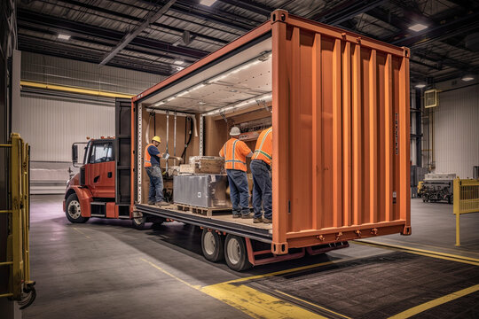workers loading a container onto a truck in a warehouse. Generative Ai