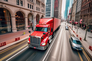 Fototapeta premium a red truck driving down a city street. Generative Ai