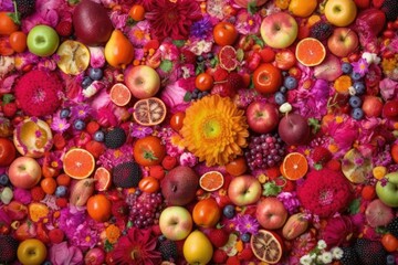 colorful garden overflowing with fruit trees and blooming flowers Generative AI