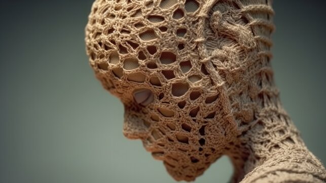 Crocheted , a model of a human head with a pattern of holes, generative AI