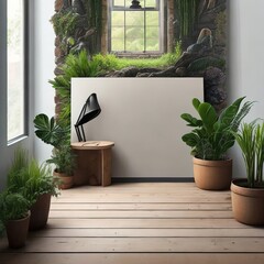 A room with plants and empty canvas Generative AI