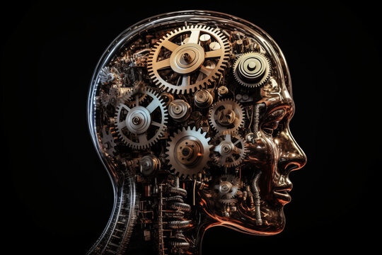 Photorealistic ai artwork of a head with gears and cogs representing thoughts and thinking. Generative ai.