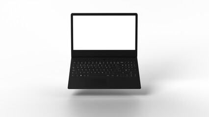 3D rendered black Laptop hovering with blank screen for content replacement. Possible use case: Mockup, Advertising, Commercial, Application Showcase