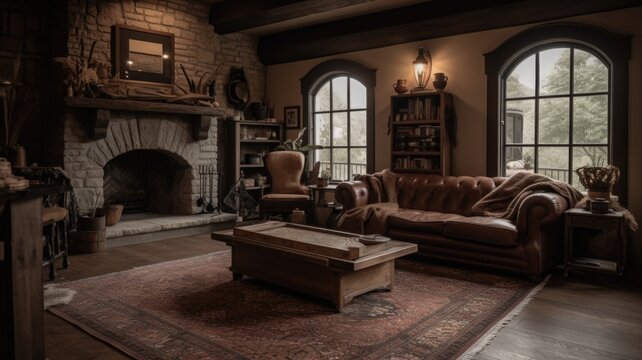 Living room decor, home interior design . Rustic Farmhouse style with Fireplace decorated with Wood and Stone material . Generative AI AIG26.