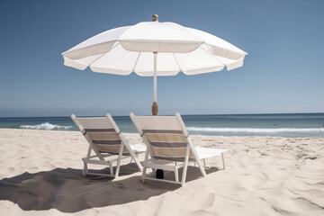 Enjoy a leisurely vacation with two beach chairs and umbrellas set up on the sandy shore, overlooking the vast ocean. AI Generative.