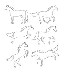 Vector set of flat hand drawn outline horse isolated on white background
