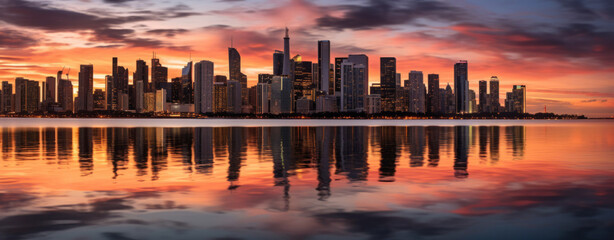 Photorealistic ai artwork of sunset over the city reflected in the water. Resembles Miami. Generative ai.