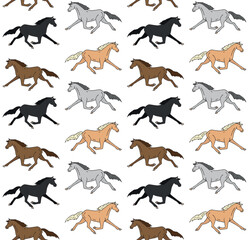 Vector seamless pattern of different color hand drawn doodle sketch trotter horse isolated on white background