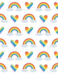 Vector seamless pattern of groovy lgbt heart and rainbow isolated on white background