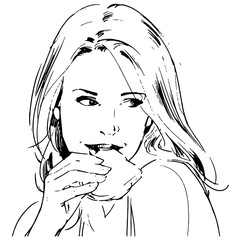 Young pretty woman, eating a sandwich, vector sketch ilustration