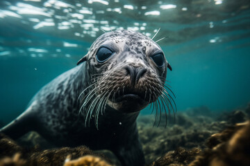 Fototapeta premium Photorealistic ai artwork of a curious seal swimming underwater and looking into the camera. Generative ai.