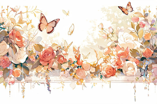 Border with flowers and butterflies on plank on white background. Generative AI.