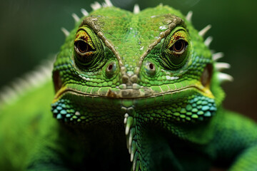 Naklejka premium Photorealistic ai artwork of a green lizard in the jungle. Macro close-up. Generative ai.
