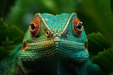 Photorealistic ai artwork of a green lizard in the jungle. Macro close-up. Generative ai.