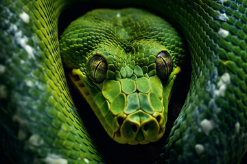 Fototapeta premium Photorealistic ai artwork of a green python snake in the jungle. Macro close-up. Generative ai.