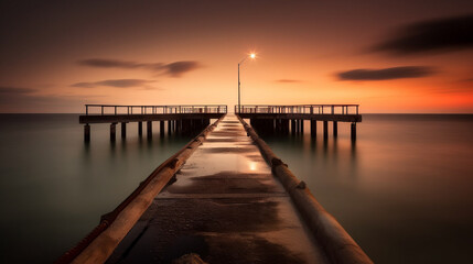 Naklejka na ściany i meble Photorealistic ai artwork of a pier at sunset. Long exposure style image. Generative ai.