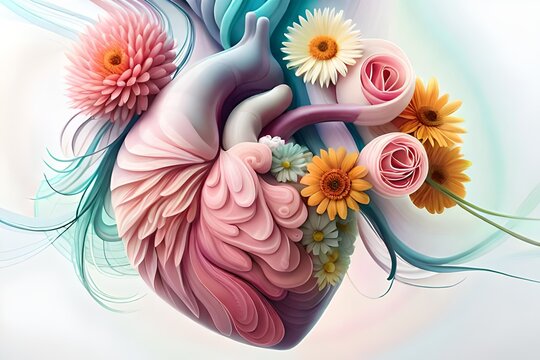 Human heart with flowers, concept of love and emotion, kind-hearted person, help and charity, health care, generative AI